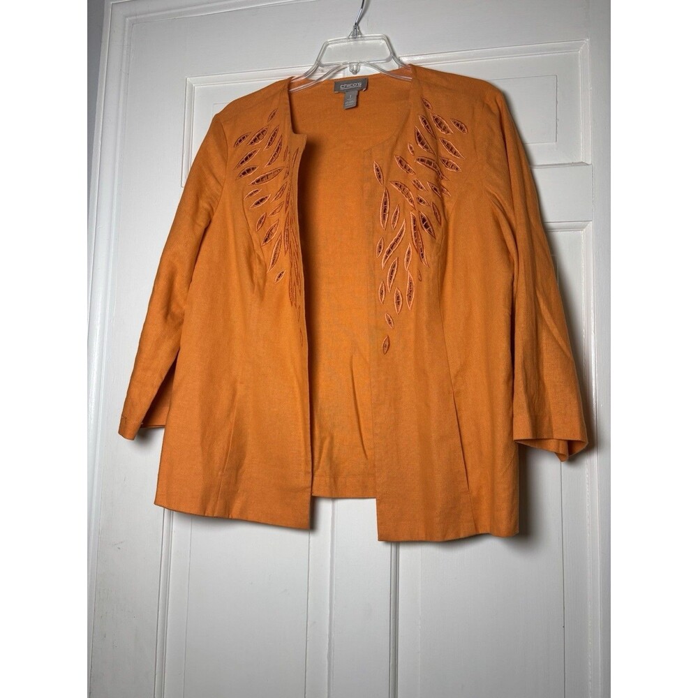Chico's Womens Linen Open Front Orange 3/4 Sleeve Blazer Women’s Size 1/M